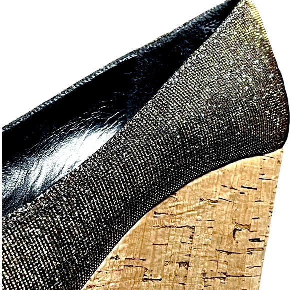 Stuart Weitzman Grey Lurex Glitter Anna Cork Wedge Platform Peep Toe Pumps 9.5 - Picture 8 of 13